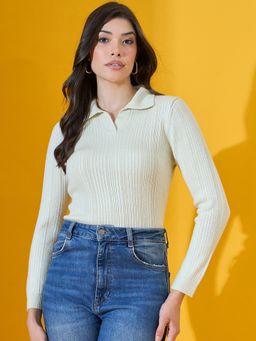 98 Degree North - Women Acrylic & Resin Collar Neck Cream Sweater