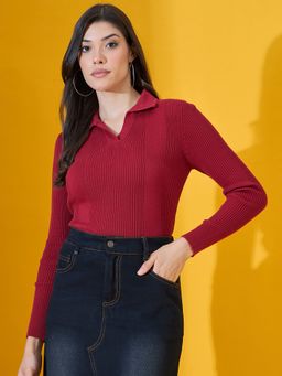 98 Degree North - Women Cotton Collar Neck Maroon Sweater
