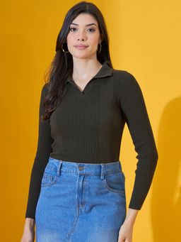 98 Degree North - Women Cotton Collar Neck Olive Sweater