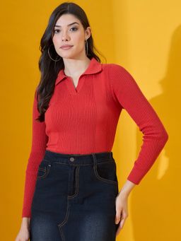 98 Degree North - Women Cotton Collar Neck Red Sweater