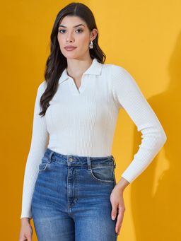 98 Degree North - Women Cotton Collar Neck White Sweater