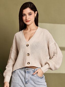NOBARR - Women Beige Knitted Acrylic Button-Down Cardigan