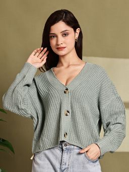 NOBARR - Women Light Sea Green Knitted Acrylic Button-Down Cardigan