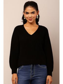NOBARR - Women Acrylic V-Neck Knitted Black Sweater