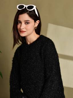 NOBARR - Women Polyester Black Fuzzy Drop-Shoulder Sweater