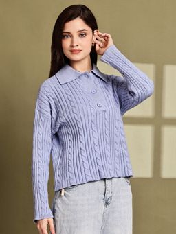 NOBARR - Women Acrylic Blue Cable Knit Polo Sweater