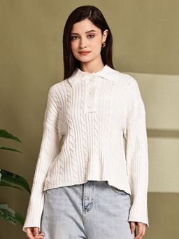 NOBARR - Women Acrylic White Cable Knit Polo Sweater