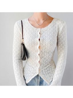 Outzidr - Women Textured Full Sleeves Off White Cardigan