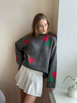 Outzidr - Women Floral Full Sleeves Grey Sweater