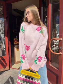 Outzidr - Women Floral Full Sleeves Pink Sweater