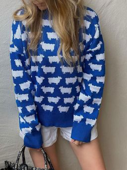 Outzidr - Women Printed Full Sleeves Blue Sweater