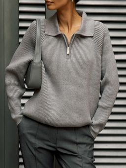 Outzidr - Women Textured Full Sleeves Grey Sweater