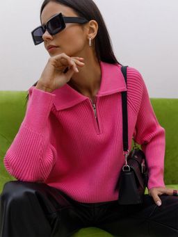 Outzidr - Women Textured Full Sleeves Pink Sweater