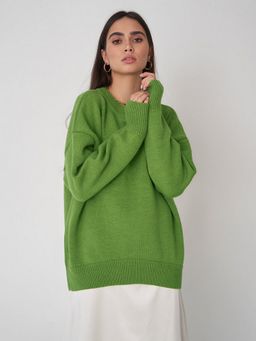 Outzidr - Women Solid Full Sleeves Green Sweater