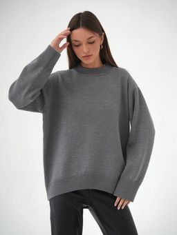 Outzidr - Women Solid Full Sleeves Grey Sweater