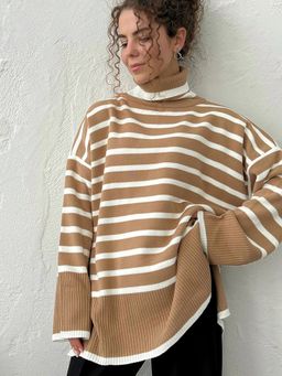Outzidr - Women Stripes Full Sleeves Khaki Sweater