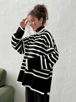 Outzidr - Women Stripes Full Sleeves Black Sweater