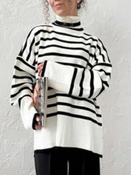Outzidr - Women Stripes Full Sleeves White Sweater