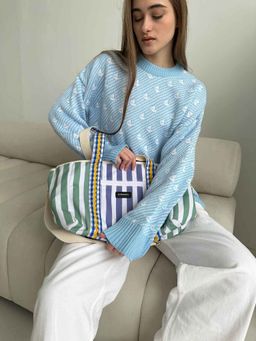 Outzidr - Women Textured Full Sleeves Blue Sweater