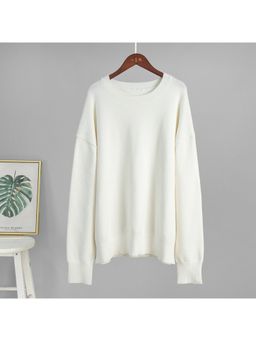 Outzidr - Women Solid Full Sleeves White Sweater