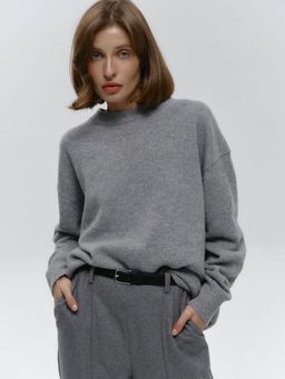 Outzidr - Women Self Design Full Sleeves Grey Sweater