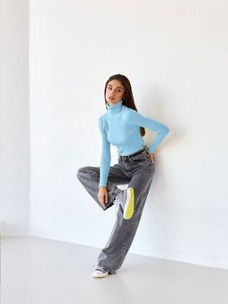 Outzidr - Women Textured Full Sleeves Blue Sweater