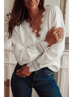 Outzidr - Women Embroidered Full Sleeves White Sweater