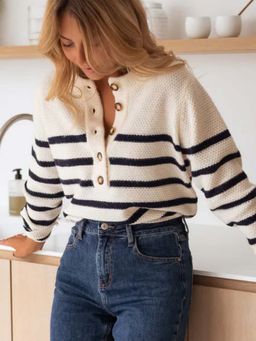 Outzidr - Women Stripes Full Sleeves Cream Cardigan