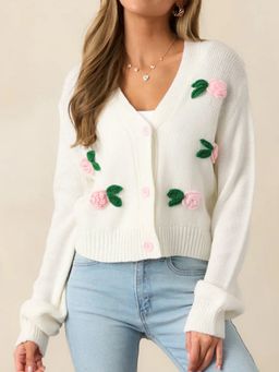 Outzidr - Women Embroidered Full Sleeves White Cardigan