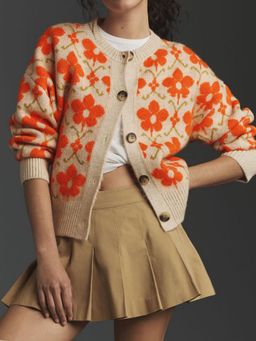 Outzidr - Women Floral Full Sleeves Orange Cardigan