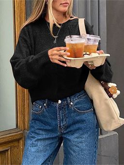 Outzidr - Women Solid Full Sleeves Black Cardigan