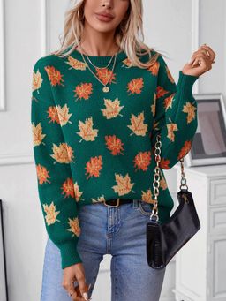 Outzidr - Women Printed Full Sleeves Green Sweater