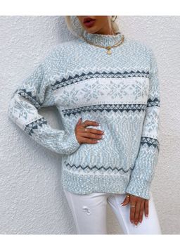 Outzidr - Women Textured Full Sleeves Blue Sweater