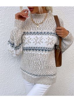 Outzidr - Women Textured Full Sleeves Cream Sweater