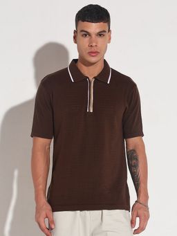 SHOWOFF - Men Brown Cotton Blend Solid Collar Neck Polo T-Shirt