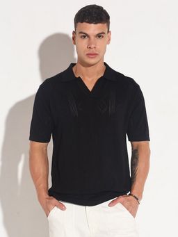 SHOWOFFFF - Men Black Cotton Blend Geometric Collar Neck Polo T-Shirt