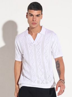 SHOWOFFFF - Men White Cotton Blend Geometric Collar Neck Polo T-Shirt