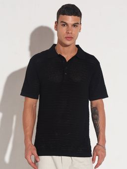 SHOWOFF - Men Black Cotton Blend Self Design Collar Neck Polo T-Shirt