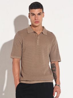 SHOWOFF - Men Brown Cotton Blend Self Design Collar Neck Polo T-Shirt