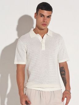SHOWOFF - Men White Cotton Blend Self Design Collar Neck Polo T-Shirt