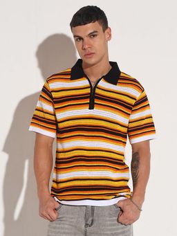 SHOWOFF - Men Multi-Color Cotton Blend Stripes Collar Neck Polo T-Shirt