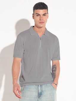 SHOWOFF - Men Grey Cotton Self Design Collar Neck Polo T-Shirt