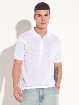 SHOWOFF - Men White Cotton Self Design Collar Neck Polo T-Shirt