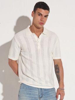 SHOWOFF - Men White Cotton Stripes Collar Neck Polo T-Shirt