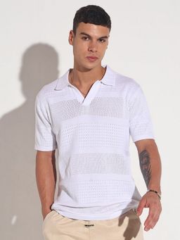 SHOWOFFFF - Men White Cotton Geometric Collar Neck Polo T-Shirt