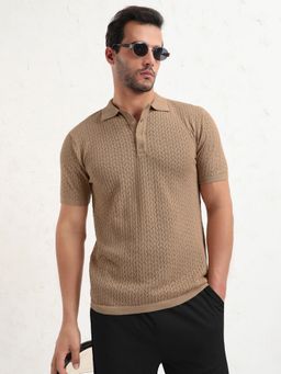 SHOWOFF - Men Brown Cotton Geometric Collar Neck Polo T-Shirt