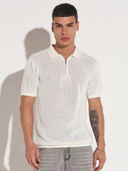 SHOWOFF - Men Off White Cotton Self Design Collar Neck Polo T-Shirt