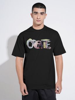 SHOWOFF - Men Black Cotton Blend Typography Crew Neck T-Shirt