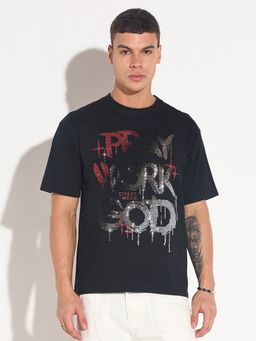 SHOWOFF - Men Black Cotton Typography Round Neck T-Shirt