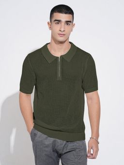 SHOWOFF - Men Green Cotton Blend Self Design Collar Neck Polo T-Shirt